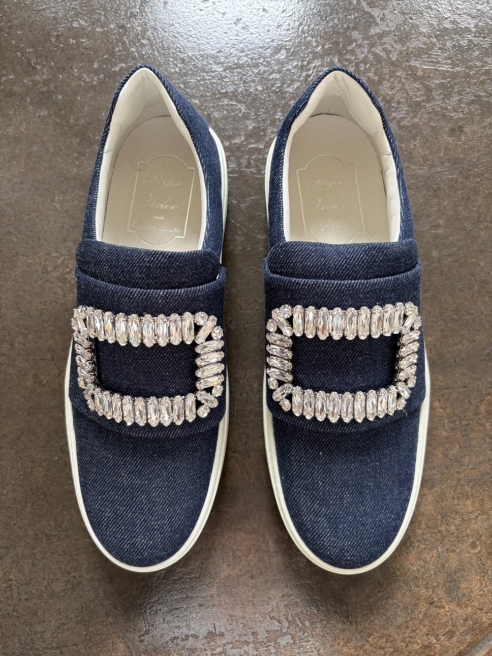 Roger Vivier Navy Denim Slip-On Sneakers with Crystal Buckles